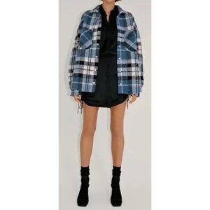 Zara Blue White Plaid Wool Blend Fleece Sherpa Oversized Overshirt Shacket